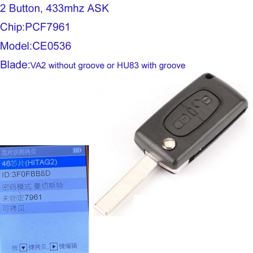 MK240039 2 Buttons  433Mhz ASK CE0536 Remote key for p-eugeot  c-itroen Flip Car Key PCF7961 HU83 OR VA2 Blade