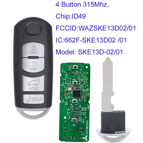 MK540050 4 Button 315MHZ Smart Key for Mazda  CX-5 CX-9 SUV 2016 2017 2018 2019 WAZSKE13D02 01 ID49 Chip