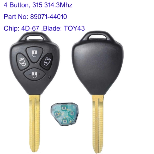 MK190307 4 Button 314.3MHz Head Key for T-oyota  Alphard 2005 - 2009 Auto Car Key Fob 4D67 Chip 89071-44010