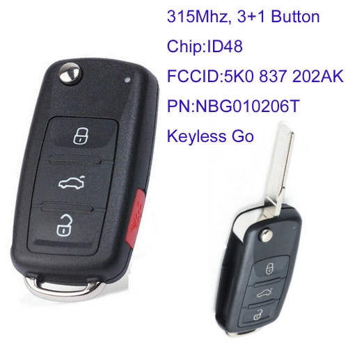 MK120125 3+1 Buttons 315Mhz Remote Key Fob with ID48 Chip Fit for Golf Beetle Jetta Passat 11-17 5K0 837 202AK Keyless Go NBG010206T