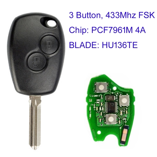 MK230061 3 Button Remote Car Key 433mhz FSK Round Button For R-enault  Trafic 2014 - With PCF7961M 4A HU136 Blade