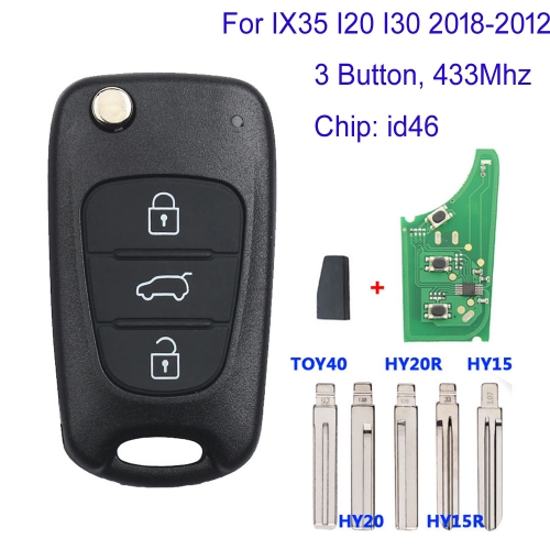 MK140201 3 433Mhz Flip Key for H-yundai IX35 I20 I30 2008 2009 2010 2011 2012  ID46 Chip Auto Car Key TOY40 HY20R HY15 HY20 HY15R