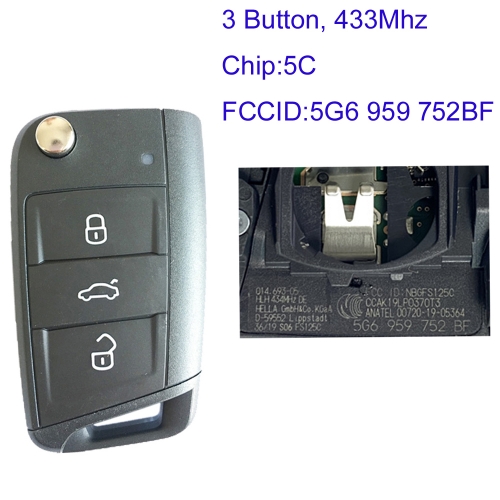 MK120114 Original 3 Button 434mhz Flip Remote Key 5C Chip Remote for VW Tayron T-roc Tiguan 5G6 959 752BF Auto Car Key