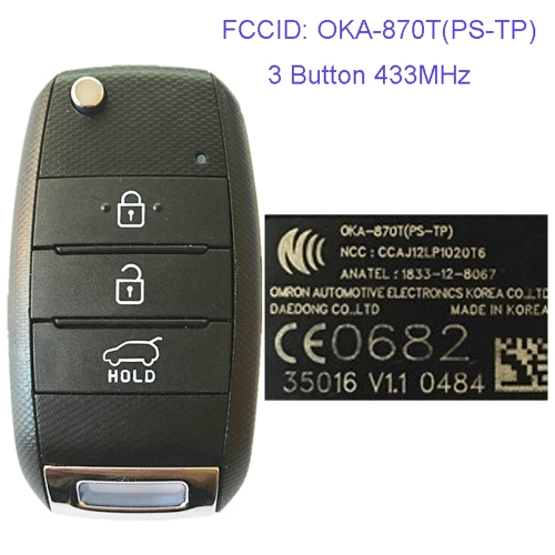 MK130025  3 Button 433MHz Folding Flip Remote Key Fob for Kia Cerato 2014-2016 B2 Car Key Fob OKA-870T(PS-TP)