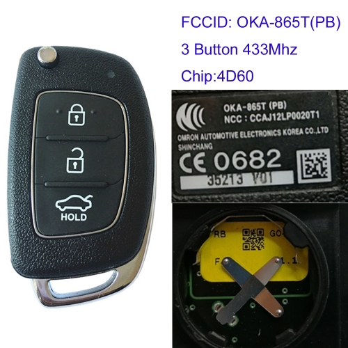 MK140218 3 Button 433MHz Remote Control Flip Folding Key for H-yundai  i40 / ix35 / Tucson Car Key Fob OKA-865T(PB) 4D60 Chip