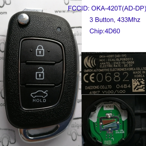 MK140216 3 Button 433MHz Remote Control Flip Folding Key for H-yundai Elantra 2016-2017 Car Key Fob OKA-420T (AD-DP) 95430-F2110