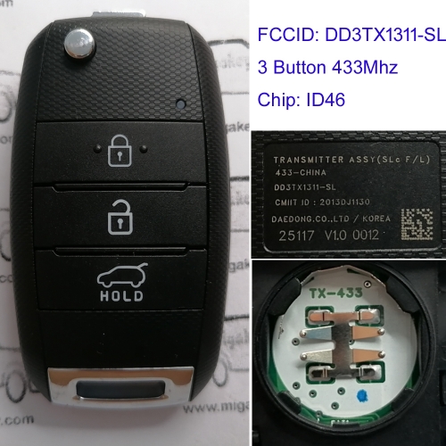 MK130152 3 Button 433MHZ Folding Flip Remote Key Fob for Kia DD3TX1311-SL ID46 Chip Auto Car Key