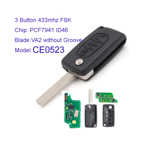 MK240010 3 Button 433mhz FSK Flip Key for P-eugeot 2011-2013 207 207CC 307 307SW 308 407 607 VA2 Blade Remote Key CE0523 PCF7941 ID46 Chip