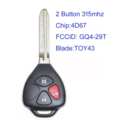 MK190316 315MHz 3 Button Head Key for T-oyota  P-ontiac Vibe Matrix 2009 2010 Remote Key Fob 4D67 Chip GQ4-29T TOY43 Blade