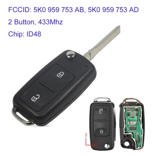 MK120143 2 Buttons 434MHz Flip Remote Key for VW Amarok Transporter 2011-2016 With ID48 chip 5K0 959 753 AB 5K0 959 753 AD