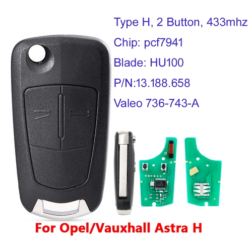 MK460021 2 Button 433MHz Flip Key Remote Control for Opel ASTRA H Auto Car Key Fob with PCF7941 Chip P/N:13.188.658 Valeo 736-743-A