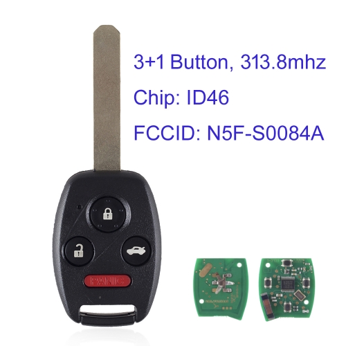 MK180216 3+1 Button 313.8mhz Head Key for Honda Civic 2006 2007 2008 2009 2010 2011 PCF7961 Chip N5F-S0084A