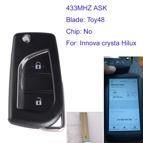 MK190326 2 Button Flip Key 433mhz ASK for T-oyota Innova crysta 2015 up Hilux Innova with blade Toy48 Auto Folding Key Without Chip