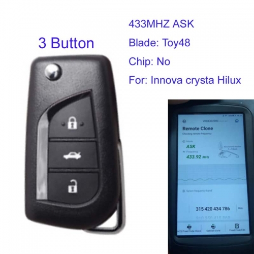 MK190333 3 Button Flip Key 433mhz ASK for T-oyota Innova crysta 2015 up Hilux Innova with blade Toy48 Auto Folding Key BA2TA Without Chip