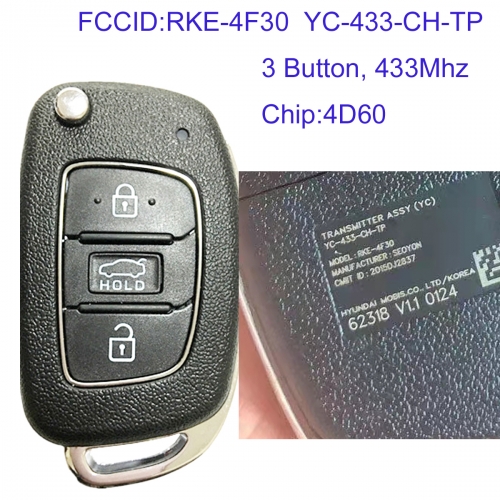 MK140267 3 Button 433MHz Remote Control Flip Folding Key 4D60 80BIT Chip for H-yundai  Verna Car Key Fob RKE-4F30 YC-433-CH-TP