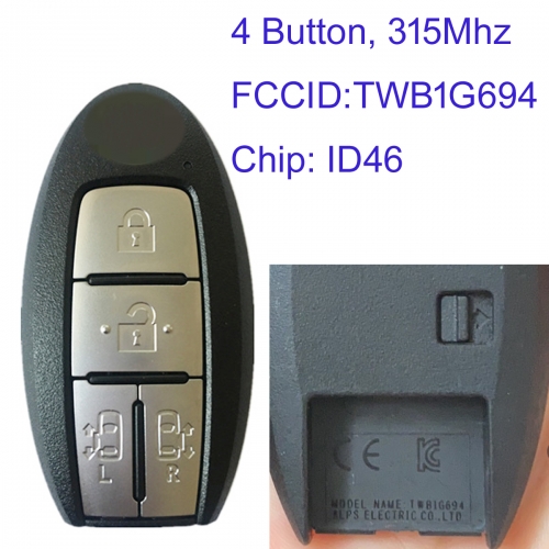 MK210094 4 Button 315mhz Remote Key Control Smart Key for N-issan TWB1G694 ID46 Chip Keyless Go