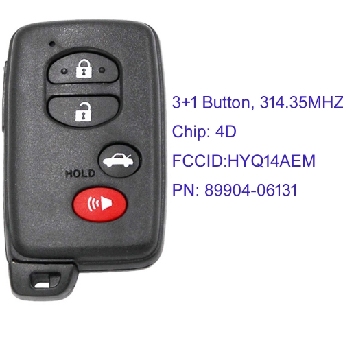 MK190345 3+1 Button 314.35MHZ Smart Key for T-oyota Avalon 2009 - 2012  Auto Car Key Fob  Smart Card HYQ14AEM PN: 89904-06131