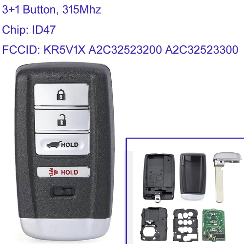 MK550013 3+1 Button 315MHz Smart Remote Key With ID47 Chip for Acura MDX RDX ILX TLX 2014-2020  FCC: KR5V1X A2C32523200 A2C32523300  Auto Key Fob