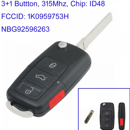 MK090102 3+1 Buttons 315Mhz Remote Flip Key with ID48 Chip for VW 2006-2009 Golf GTI Rabbit CC PN: 1K0 959 753 H / NBG92596263 Auto Car Key Fob
