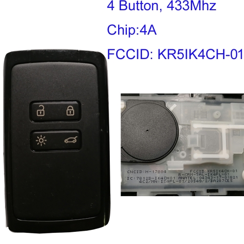 MK230053 Smart Card Key 4 button Keyless Remote Key 434mhz Hitag AES 4A chip for Megane 4 Keyless key NCF29A1M Black FCC KR5IK4CH-01