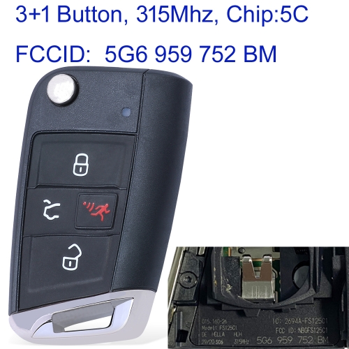 MK120110 4 Button 315mhz Remote Key for VW VW Prox Jetta 2020 Auto Car Key Fob with id49 Chip NBGFS125C1 5G6 959 752 BM  keyless Go