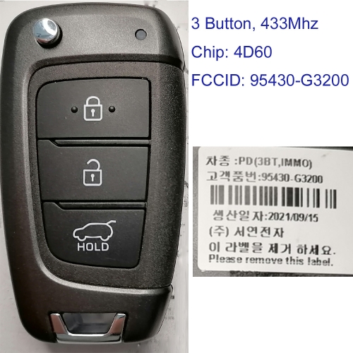 MK140306 3 Button 433MHz Remote Control Flip Key 4D60 Chip for H-yundai  I30 2018 Auto Car Key Fob 95430-G3200
