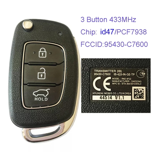 MK140040 3 Button 433MHz Remote Control Flip Folding Key for H-yundai i20 2014+ Car Key Fob 95430-C7600