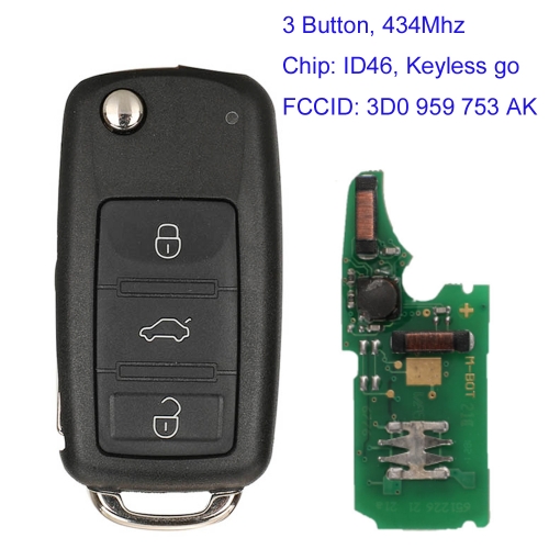 MK120158 3 Button 433Mhz Remote Key Fob with ID46 Chip Fit for VW Golf CC Rabbit FCCID:3D0 959 753 AK Auto Car Key Fob  Keyless go
