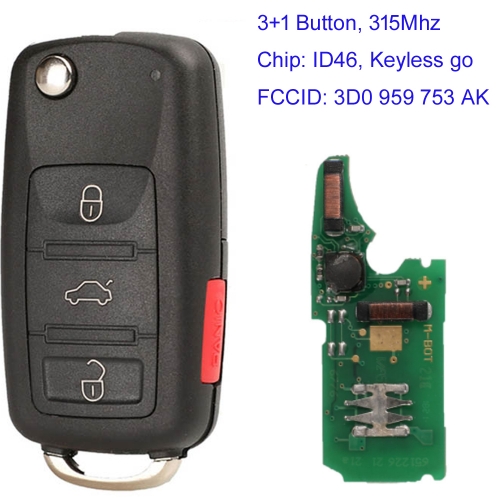 MK120159 3+1 Button 315Mhz Remote Key Fob with ID46 Chip Fit for VW Golf CC Rabbit FCCID:3D0 959 753 AK Auto Car Key Fob  Keyless go