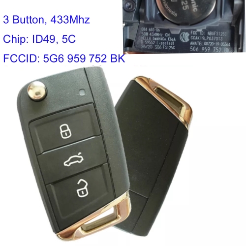 MK120128 3 Button 434mhz Flip Key Remote for  VW Tayron Tiguan NCF29A1 5C Chip Auto Car Key 5G6 959 752 BK No Keyless Go