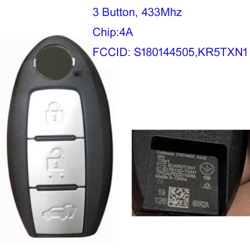 MK210167 3 Buttons Smart Remote Car Key 433Mhz For N-issan Qashqai 2021 with 4A Chip S180144505,KR5TXN1 with Light