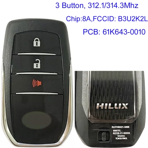 MK190431 OEM 2+1 Button Smart Key 312.1/314.3mhz B3U2K2L H Chip for HILUX  Keyless Go Entry Car Key 61K643-0010