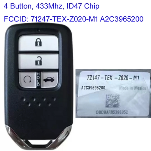 MK180257 4 Button 433mhz Smart Key for H-onda New Civic 2016 Auto Key Remote with ID47 Chip FCCID: 71247-TEX-Z020-M1 A2C3965200