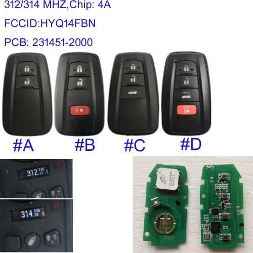 MK190394 2/3/4 Button 312/314MHz Smart Key for T-oyota Corolla  2019+Car Key Fob 231451-2000 8990H-12010 8990H-02030  HYQ14FBN For Brazil Market