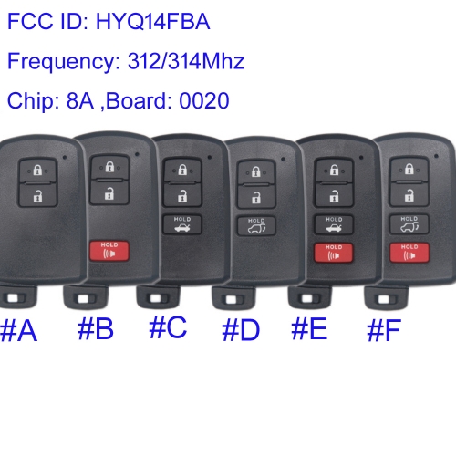 MK190449 3  312mhz/314mhz Smart Key Smart Card for T-oyota Corolla Camry Avalon RAV4 2011-2018 Fob FCC ID: HYQ14FBA 0020 H Chip Remote Keyless Go Prox