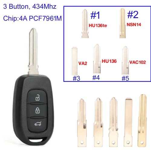 MK230078 3 Button 434MHz Flip Key Remote Control for R-enault Duster Dokker Trafic Clio4 Master3 Logan 2013 2014 2015 2016 2017Auto Car Key Fob with B