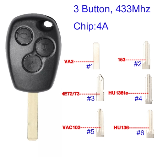 MK230077 3Button 434MHz Flip Key Remote Control for R-enault Trafic Vivaro Primastar Movano Auto Car Key Fob With 4A Chip
