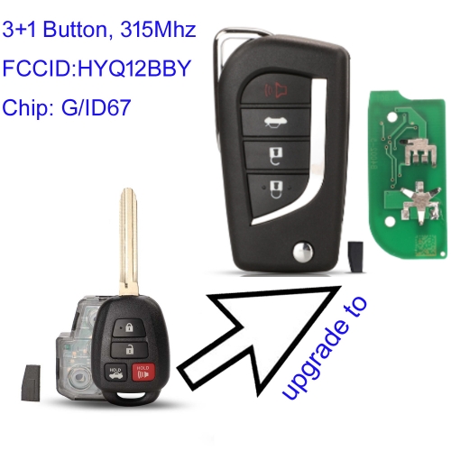 MK190454 315 Mhz Modified Flip 3+1Buttons Remote Key Fob For T-oyota Prius 2 Hilux Etios Vios Yaris Corolla HYQ12BBY G /ID67Chip Auto Car Key