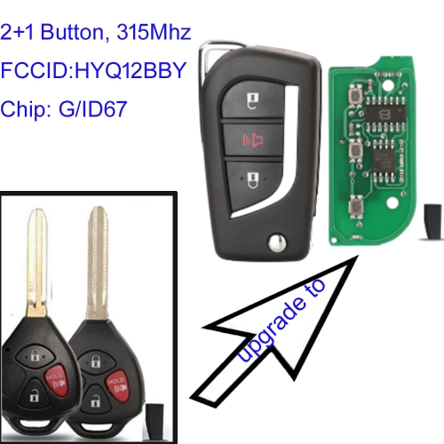 MK190452 315 Mhz Modified Flip 2+1Buttons Remote Key Fob For T-oyota Prius 2 Hilux Etios Vios Yaris Corolla HYQ12BBY G /ID67Chip Auto Car Key