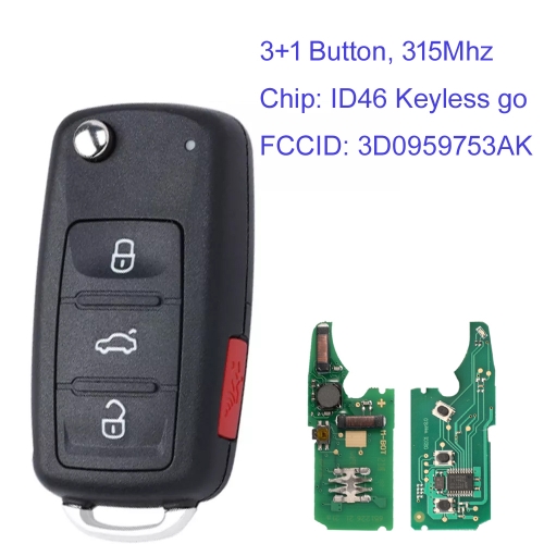 MK120164 3+1 Buttons 315Mhz  Remote Key ID46 Chip for VW Touareg Touareg Phaeton FCCID:3D0959753AK With ID46 Chip Keyless Go