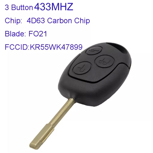 MK160180 3 Button 433Mhz Remote Key for Ford Transit 4D63+ Chip KR55WK47899 FO21 Blade Car Head Key Fob