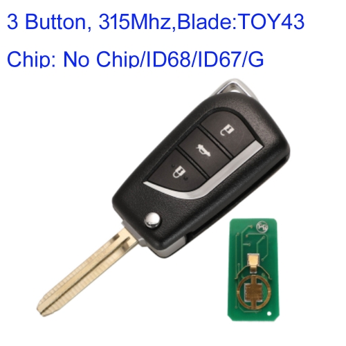MK190478 315Mhz 3 Buttons Remote Flip Key Fob For T-oyota Corolla RAV4 Camry CROWN Reiz Modified Key Auto Car Key TOY43 Blade