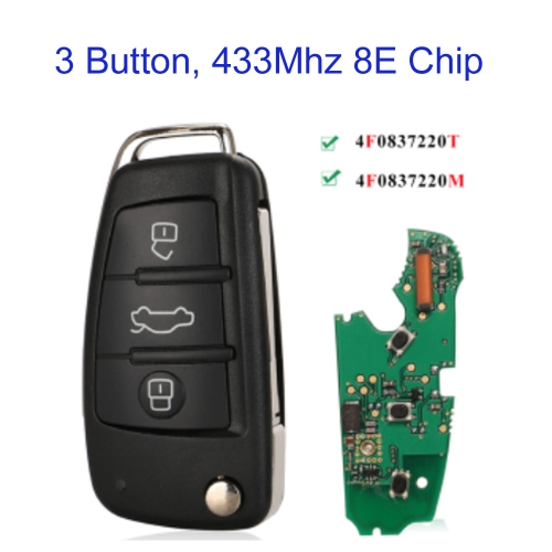 MK090111 3 Buttons 434MHz Remote Car Key for Audi  A6 A6L S6 Q7 Remote Key Fob 8E Chip 8E0 837 220 T /M , 4F0 837 220 T/M