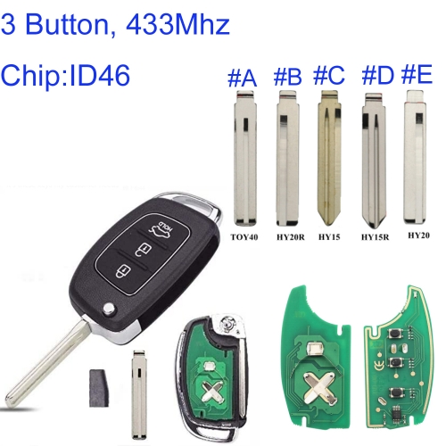 MK140398 3 Button 433MHz  3 Buttons 433Mhz ID46 Chip For H-yundai New IX35 IX25 IX45 Elantra Santa Fe Sonata TOY40/HY20/HY15 Fob Control
