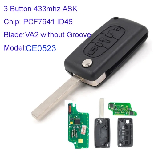 MK240012 3 Button 433mhz ASK Flip Key for P-eugeot 207 307 407 2005-2011 CE0523 PCF7941 ID46 Transponder With VA2 Blade