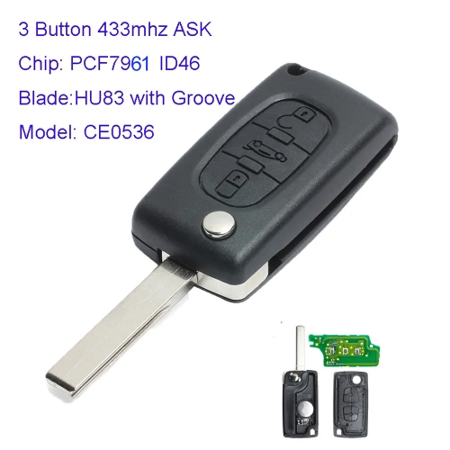 MK240011 3 Button 433mhz ASK Flip Key for P-eugeot 207 307 407 2005-2011 CE0536 PCF7961 ID46 Transponder Folding Car Key Fob HU83 Blade