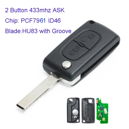 MK240014 2 Button 433mhz ASK Flip Key for P-eugeot 307 2006-2010 CE0536 PCF7961 ID46 Transponder Remote Car Control With HU83 VA2 Blade
