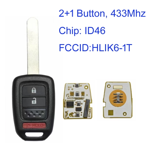 MK180278 2+1 Button Remote Car Key Fob 433MHZ ID46 Chip for Honda Civic/Accord/CRV/JAZZ/XR-V/VEZEL FCCID:HLIK6-1T Auto Key Remote Fob