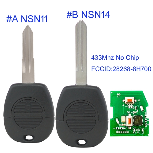 MK210183  2 Button Remote Car Key Fob 433Mhz No Chip for Patrol Navara X-Trail Serena Primera Micra Almera P/N: 28268-8H700