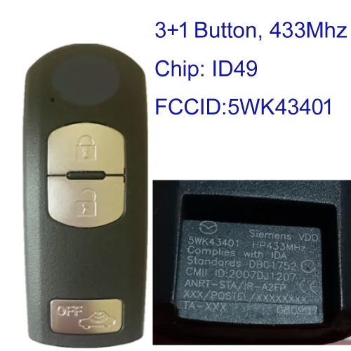 MK540073 3 Button 433MHz Smart Key Control for Mazda Auto Car Key Fob CMII ID:2007DJ1207 FCC ID:5WK43401